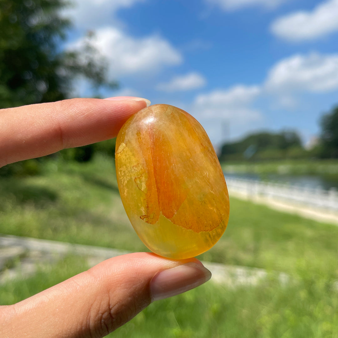 Natural Yellow Fluorite Palm Stone Crystal