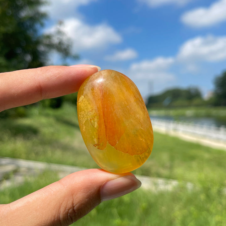 Natural Yellow Fluorite Palm Stone Crystal