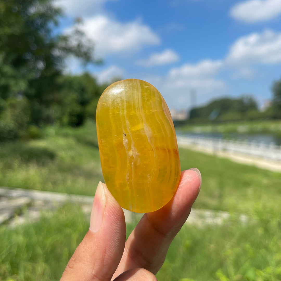 Natural Yellow Fluorite Palm Stone Crystal