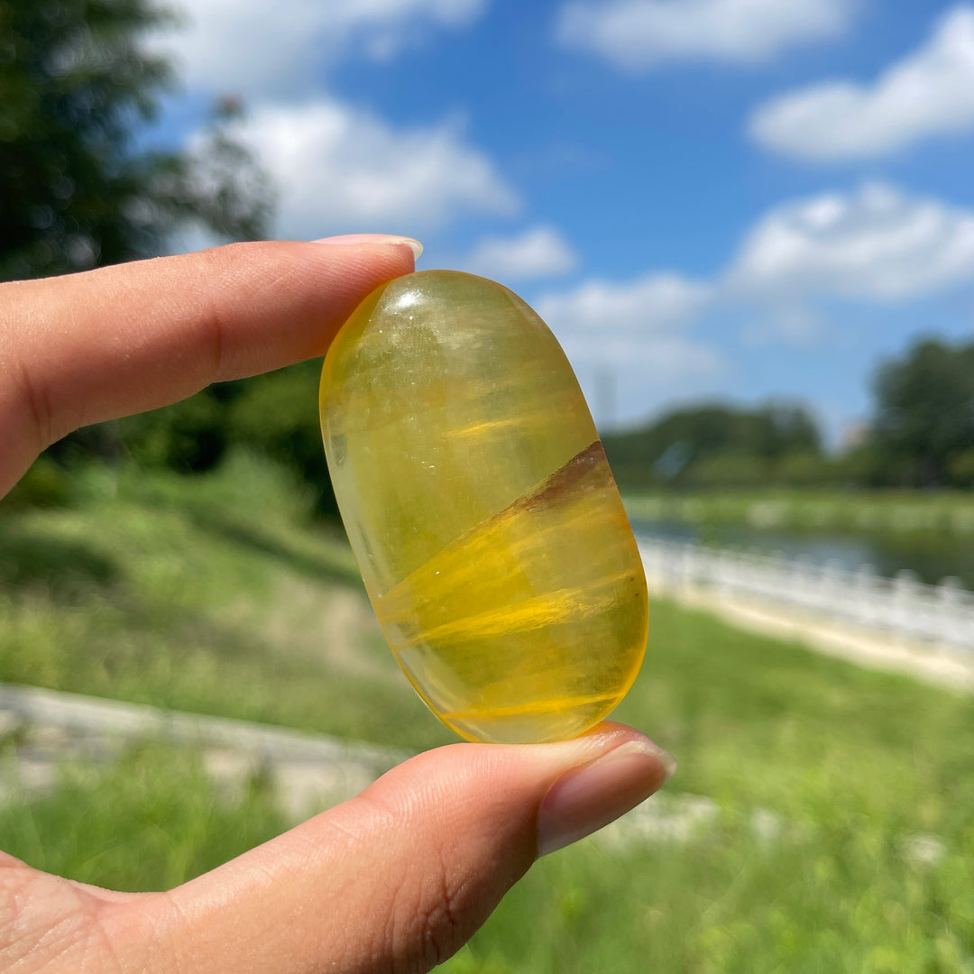 Natural Yellow Fluorite Palm Stone Crystal