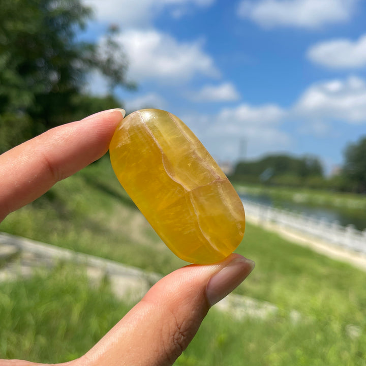 Natural Yellow Fluorite Palm Stone Crystal