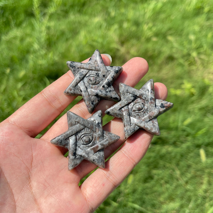 Natural Crystal Yooperlite Hexagram Evil Eye Carving