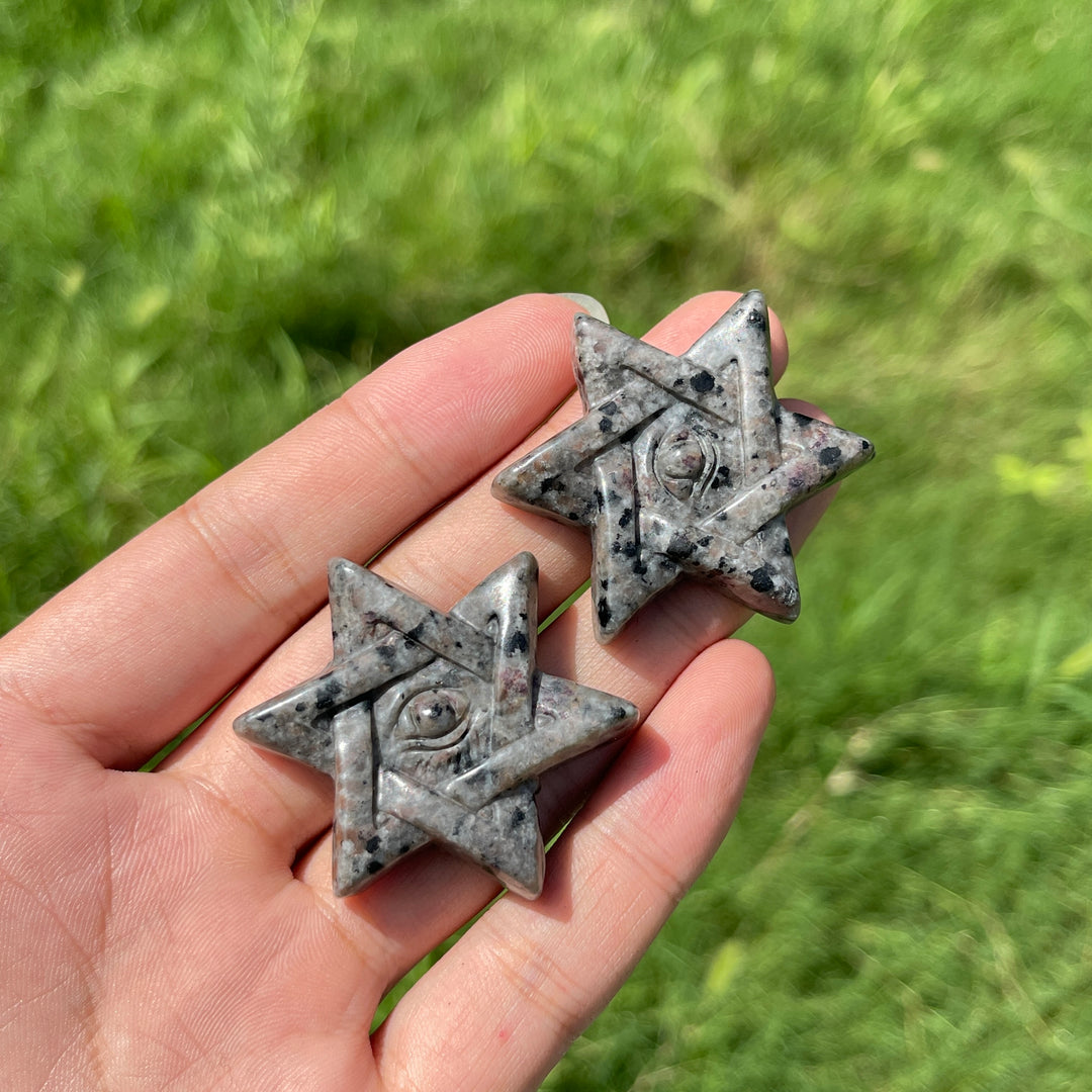 Natural Crystal Yooperlite Hexagram Evil Eye Carving