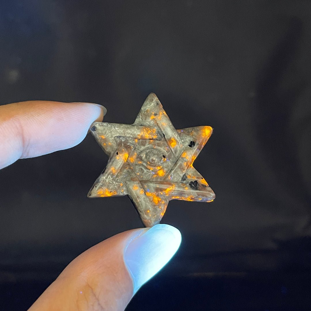Natural Crystal Yooperlite Hexagram Evil Eye Carving