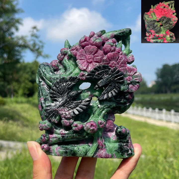 Unique,Natural Crystal Ruby In Zoisite Bird With Flower Carving