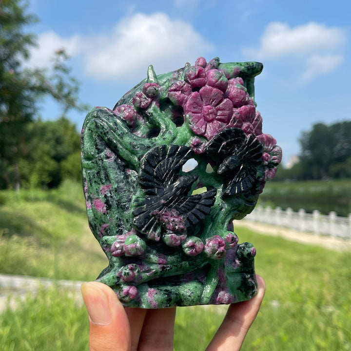 Unique,Natural Crystal Ruby In Zoisite Bird With Flower Carving