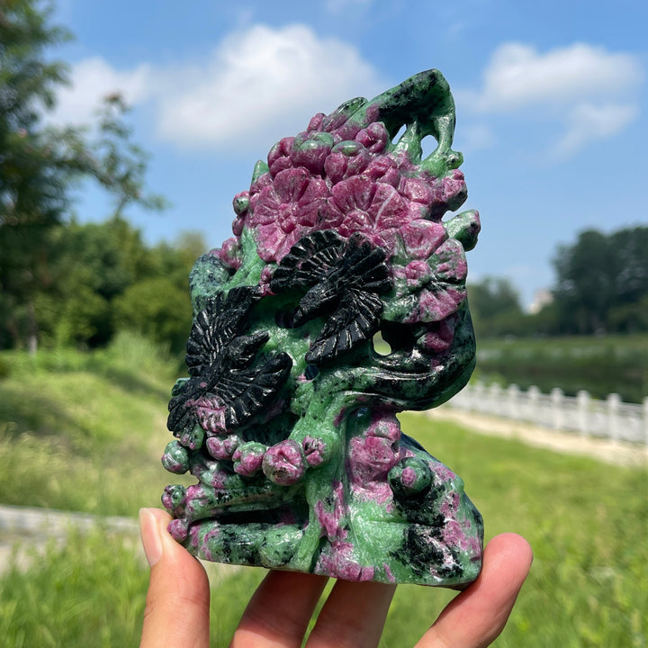 Unique,Natural Crystal Ruby In Zoisite Bird With Flower Carving