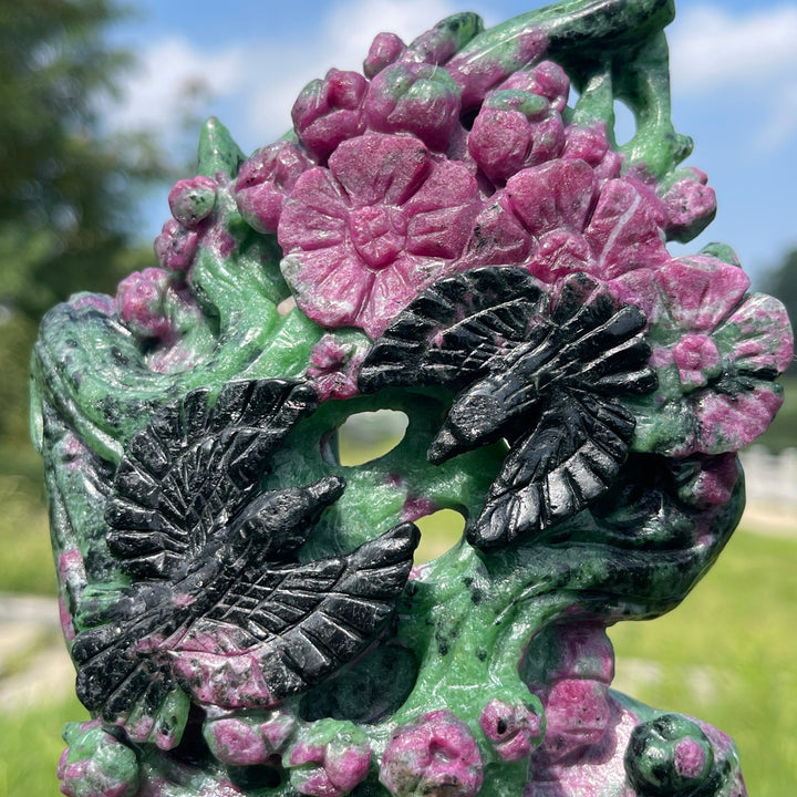 Unique,Natural Crystal Ruby In Zoisite Bird With Flower Carving