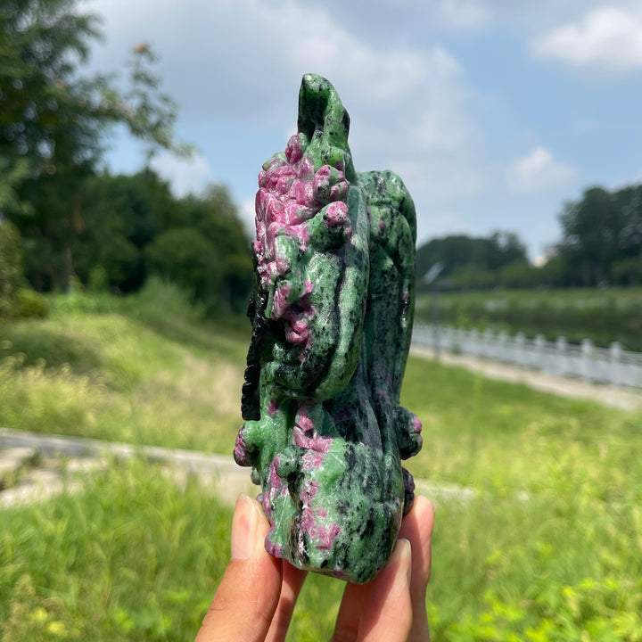 Unique,Natural Crystal Ruby In Zoisite Bird With Flower Carving