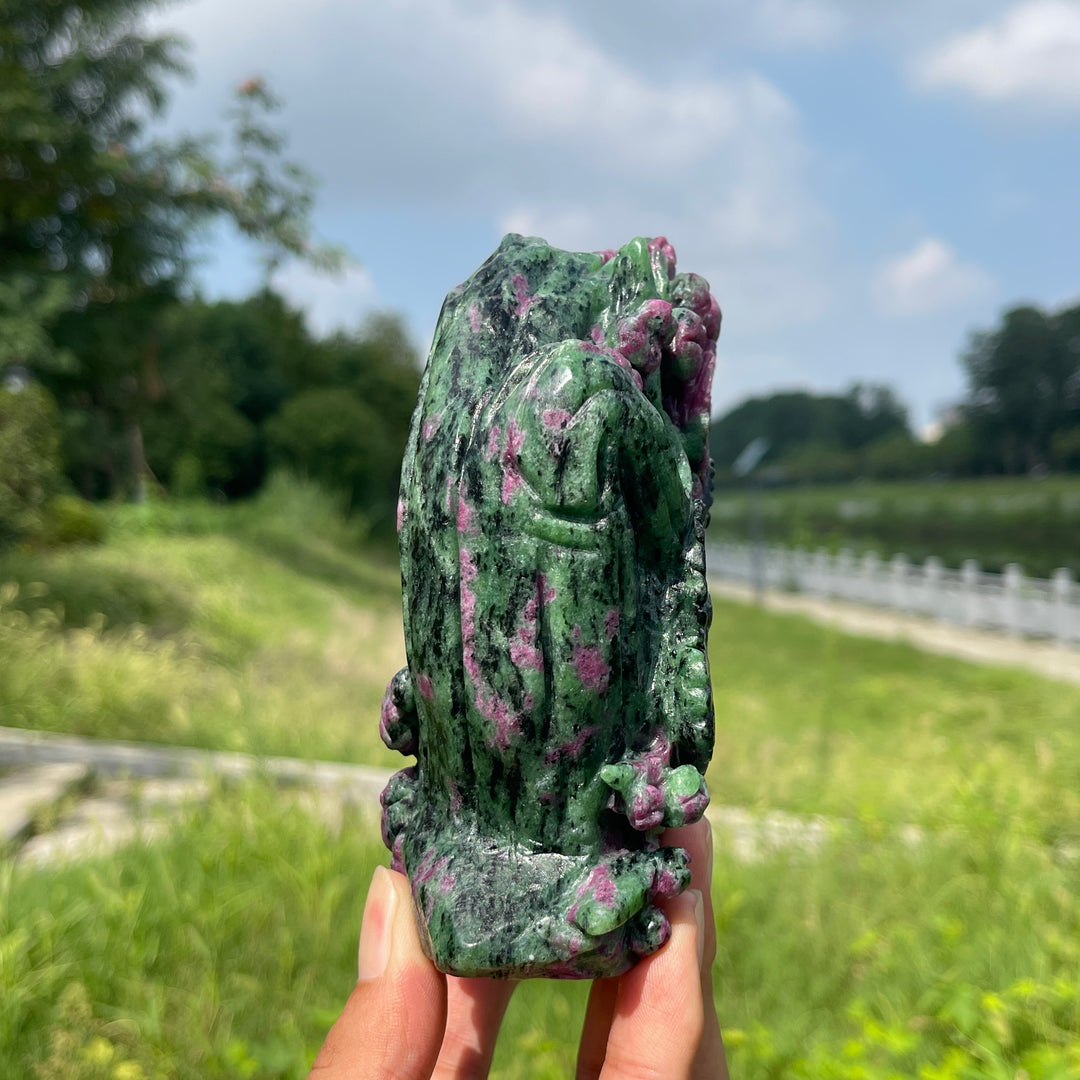 Unique,Natural Crystal Ruby In Zoisite Bird With Flower Carving