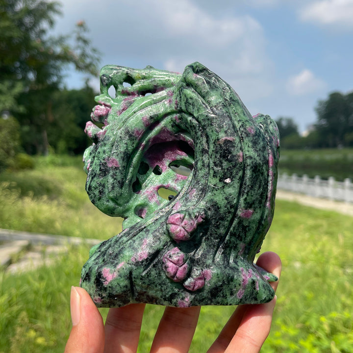 Unique,Natural Crystal Ruby In Zoisite Bird With Flower Carving