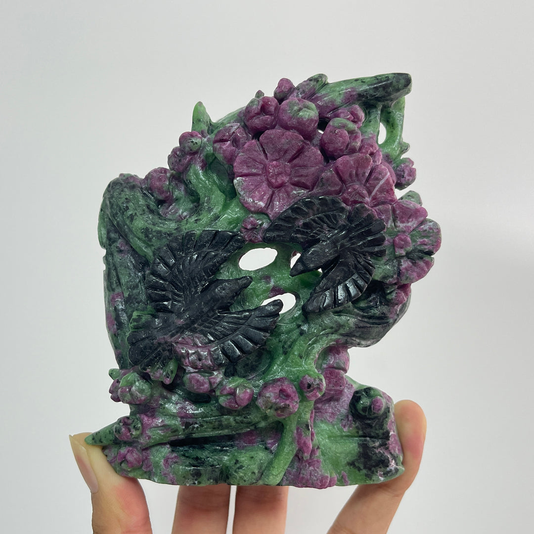 Unique,Natural Crystal Ruby In Zoisite Bird With Flower Carving
