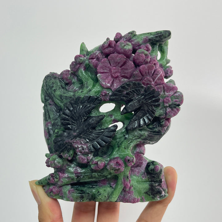 Unique,Natural Crystal Ruby In Zoisite Bird With Flower Carving