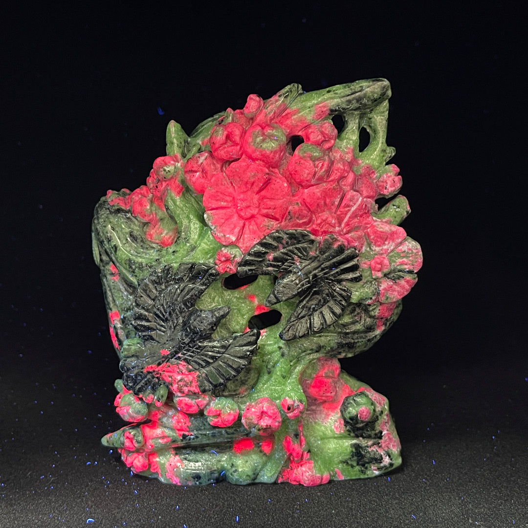 Unique,Natural Crystal Ruby In Zoisite Bird With Flower Carving