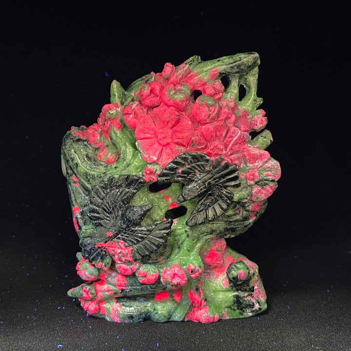 Unique,Natural Crystal Ruby In Zoisite Bird With Flower Carving