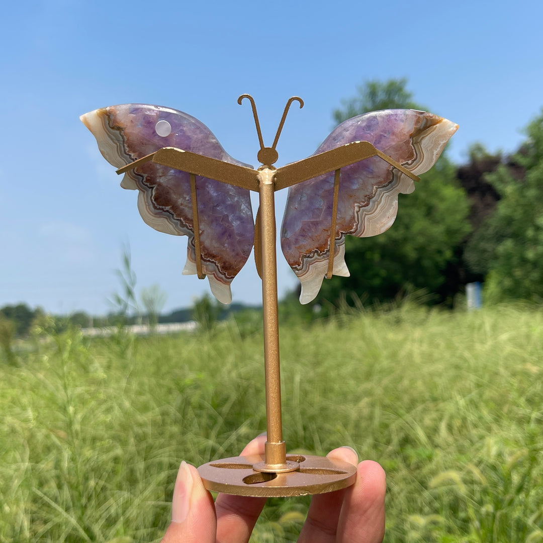 Unique,A Slightly Imperfect Natural Amethyst Agate Butterfly Wing With Stand