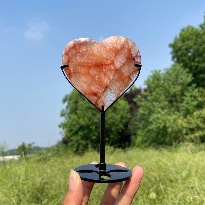 Unique,Natural Crystal Fire Quartz Heart With Stand