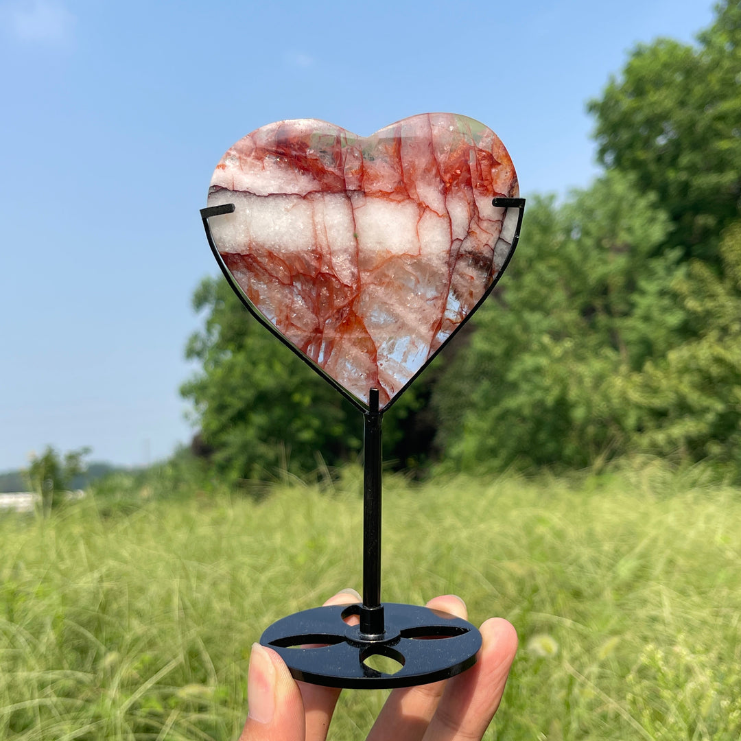 Unique,Natural Crystal Fire Quartz Heart With Stand