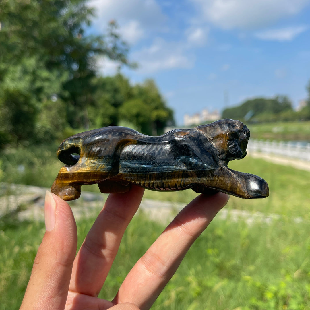 Unique,Natural Crystal Carving Blue And Yellow Tiger's Eye Tiger