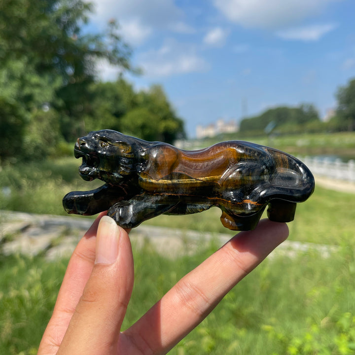 Unique,Natural Crystal Carving Blue And Yellow Tiger's Eye Tiger