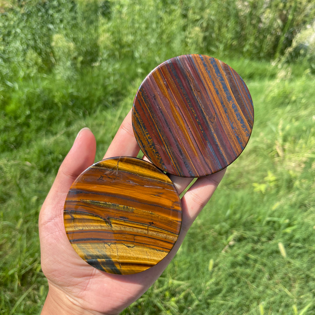 Natural Crystal Tiger Eye With Hematite Round Disc