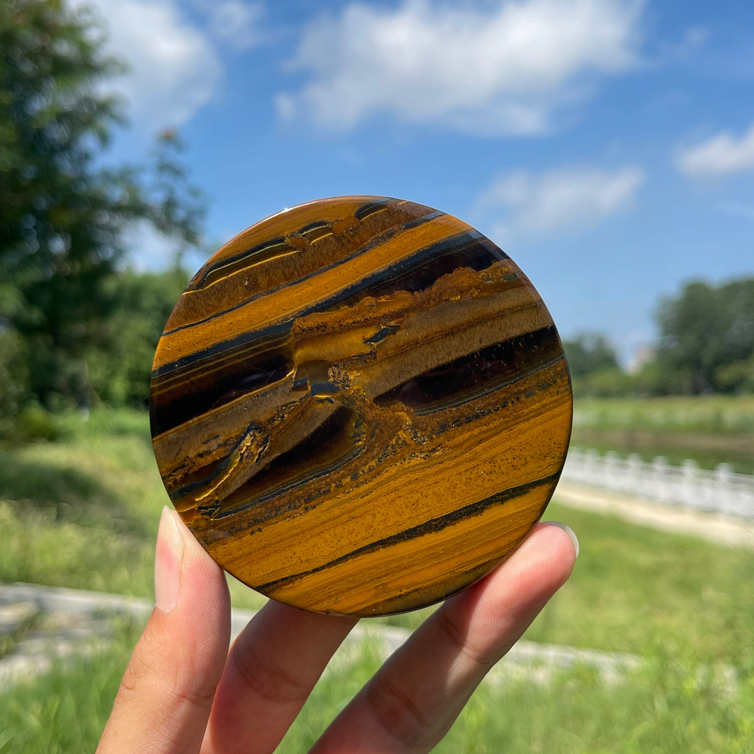 Natural Crystal Tiger Eye With Hematite Round Disc