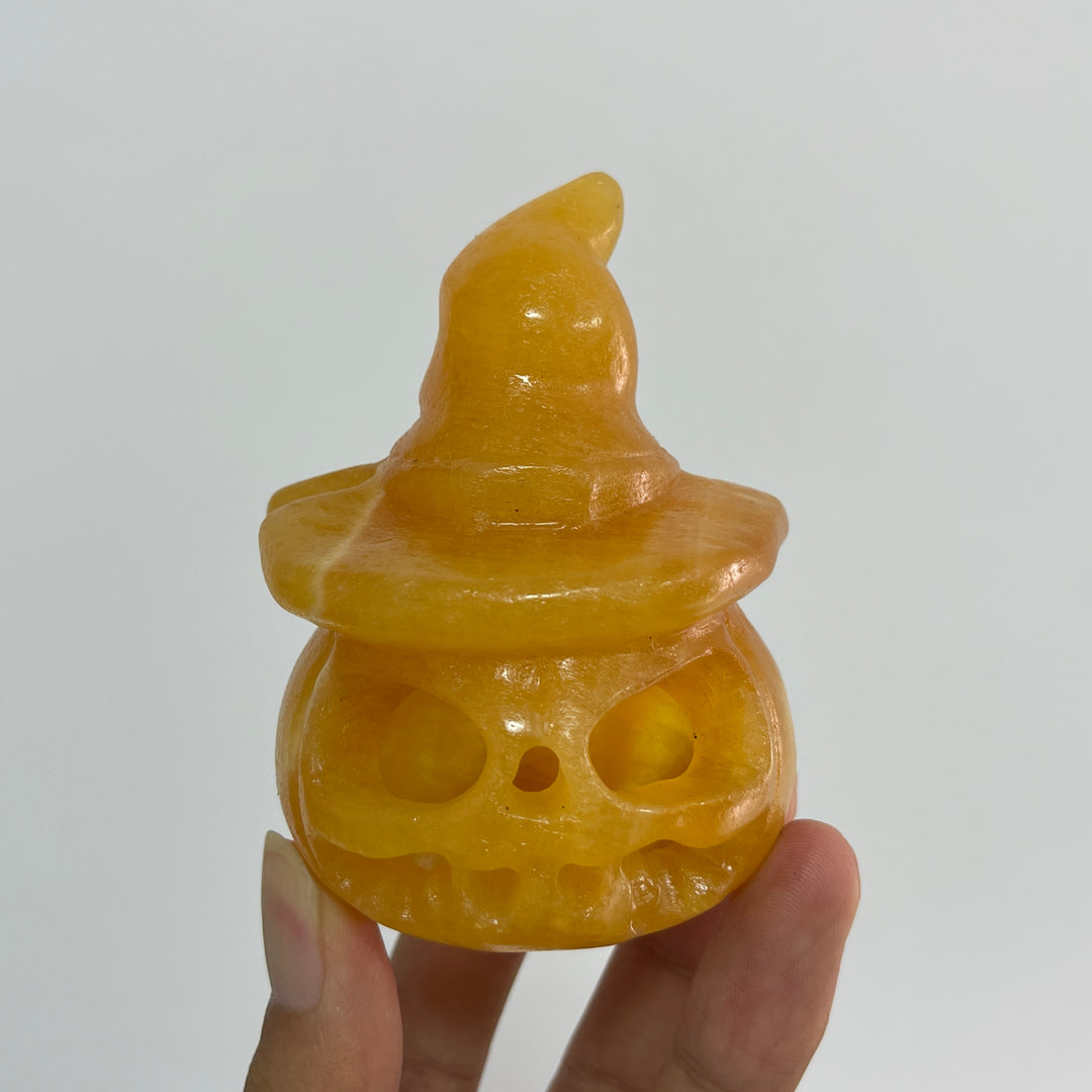 Natural Crystal Carving Yellow Calcite Hollow Out Pumpkin Skull