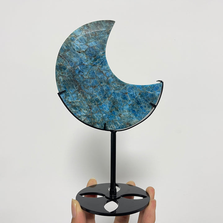 Unique,Natural Crystal Blue Apatite Moon With Stand