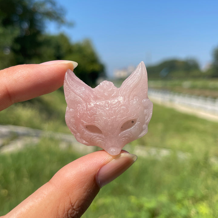 Natural Crystal Carving Pink Opal Fox Mask