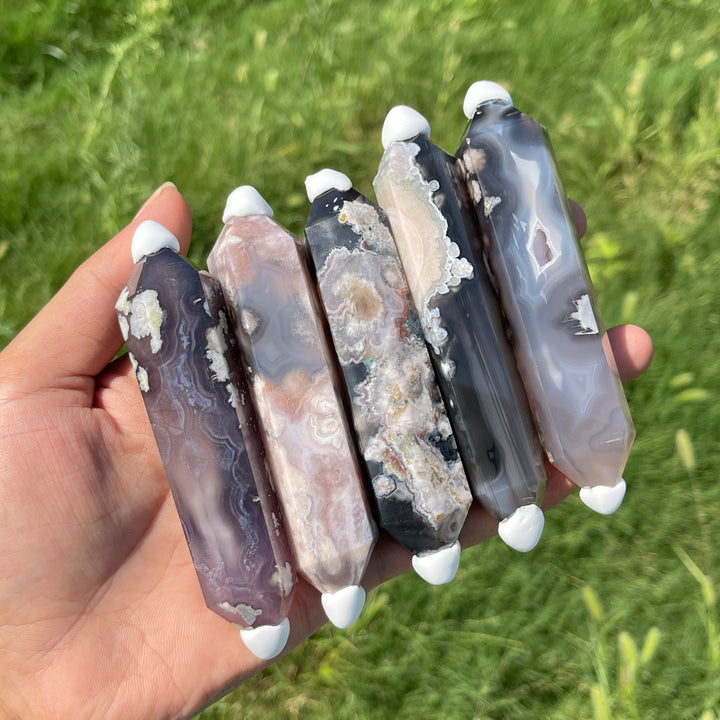 Natural Crystal Black Flower Agate Double Point