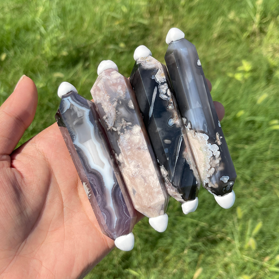 Natural Crystal Black Flower Agate Double Point