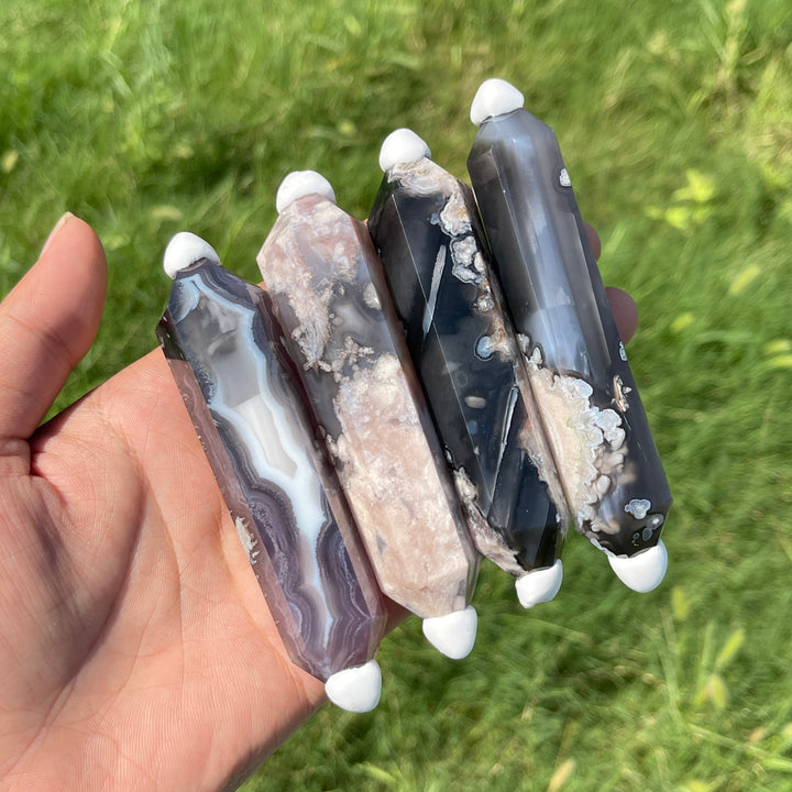 Natural Crystal Black Flower Agate Double Point