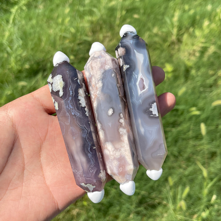Natural Crystal Black Flower Agate Double Point