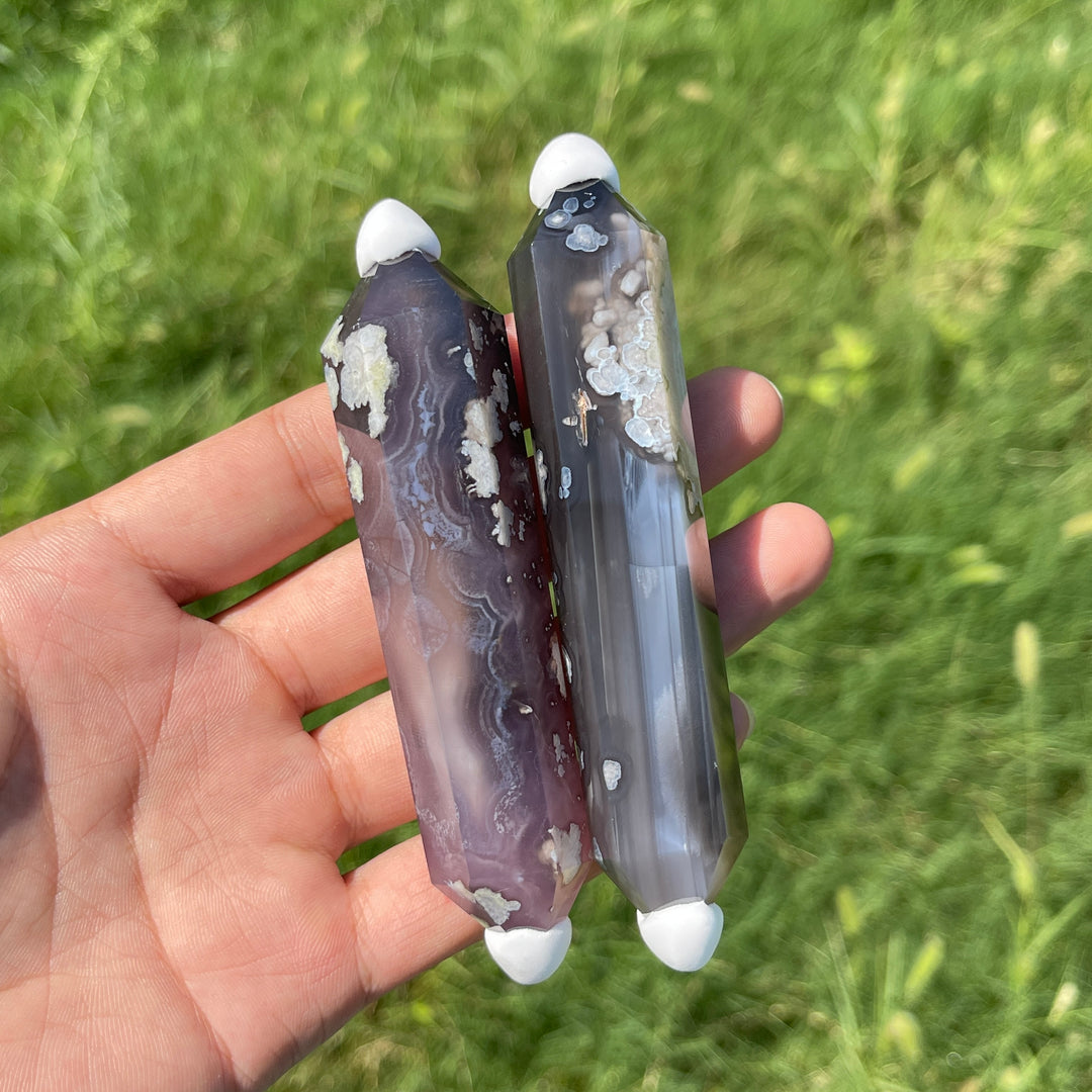 Natural Crystal Black Flower Agate Double Point
