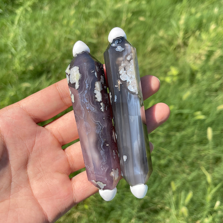 Natural Crystal Black Flower Agate Double Point