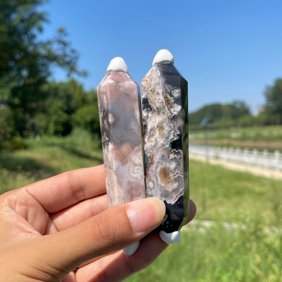 Natural Crystal Black Flower Agate Double Point