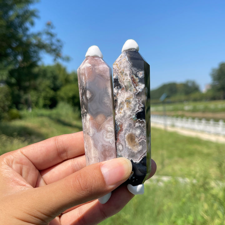 Natural Crystal Black Flower Agate Double Point