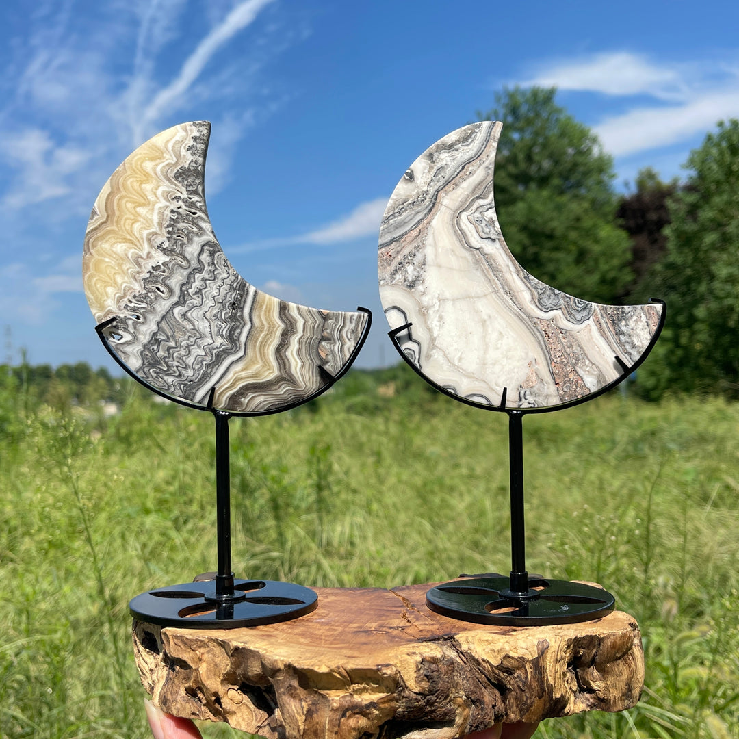 Unique,Natural Crystal Mexican Calcite Moon With Stand