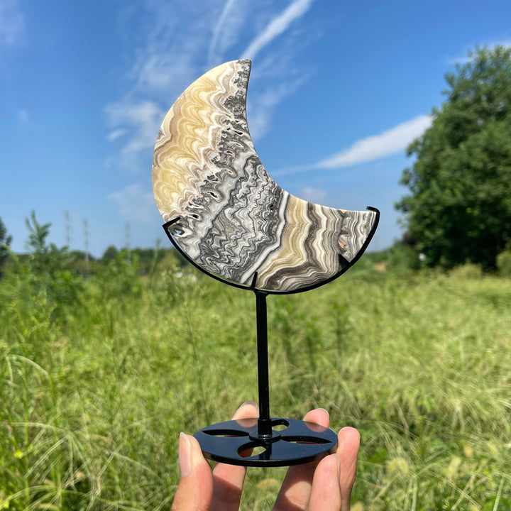 Unique,Natural Crystal Mexican Calcite Moon With Stand