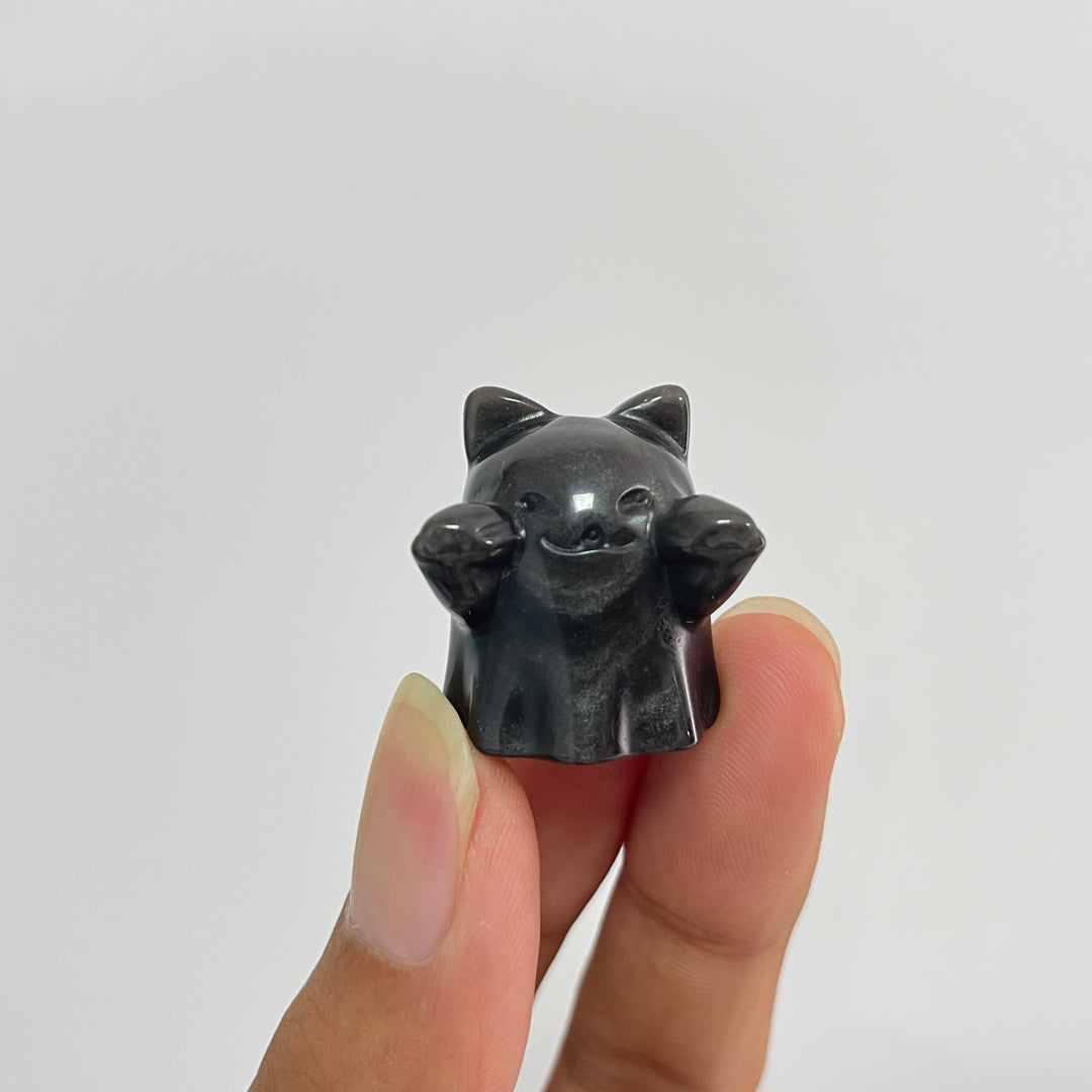 Natural Crystal Cute Carving Silver Obsidian Ghost Cat