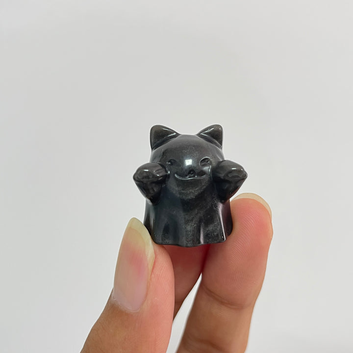 Natural Crystal Cute Carving Silver Obsidian Ghost Cat