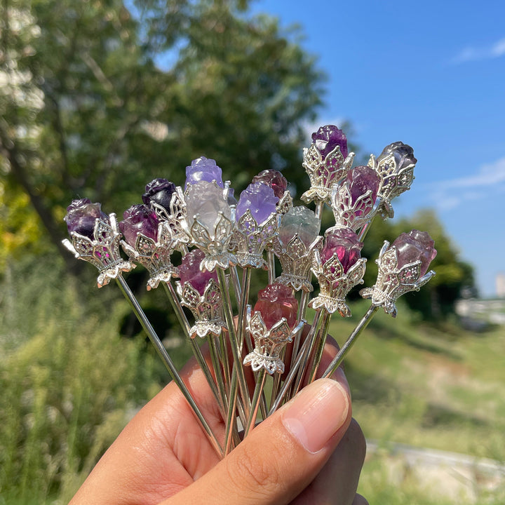 Natural Crystal Fluorite Rose Hair Stick