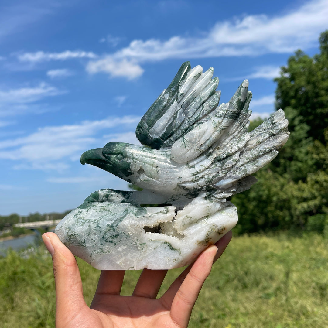 Unique,Natural Crystal Carving Soaring Posture Moss Agate Eagle