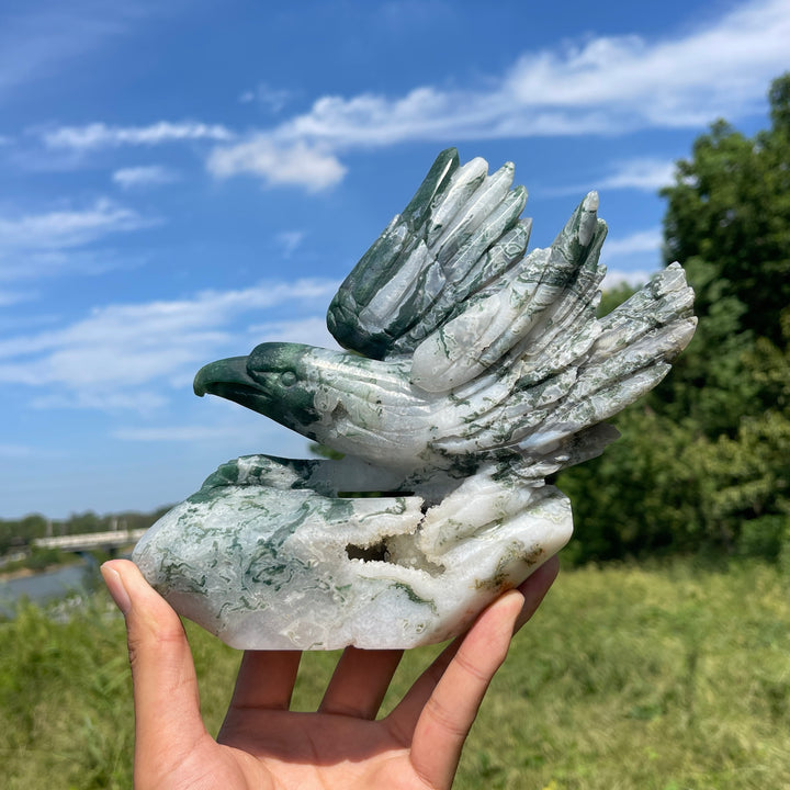 Unique,Natural Crystal Carving Soaring Posture Moss Agate Eagle