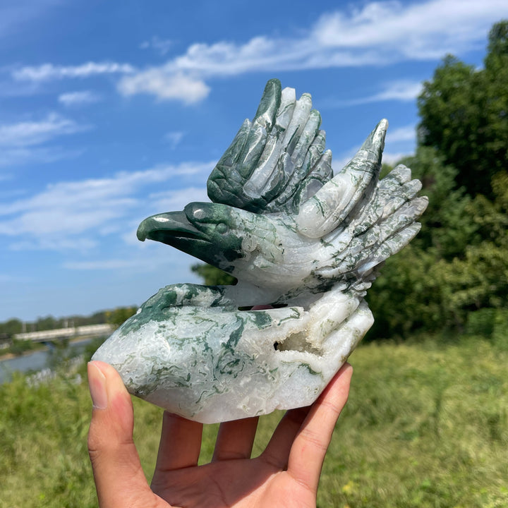 Unique,Natural Crystal Carving Soaring Posture Moss Agate Eagle