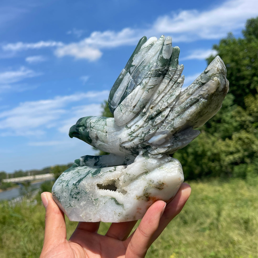 Unique,Natural Crystal Carving Soaring Posture Moss Agate Eagle