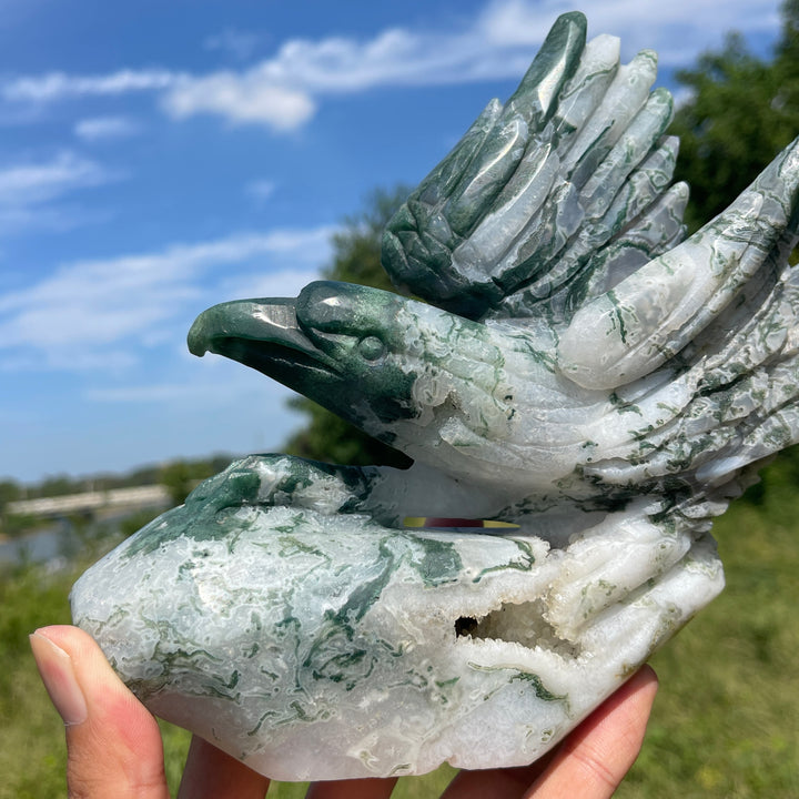 Unique,Natural Crystal Carving Soaring Posture Moss Agate Eagle