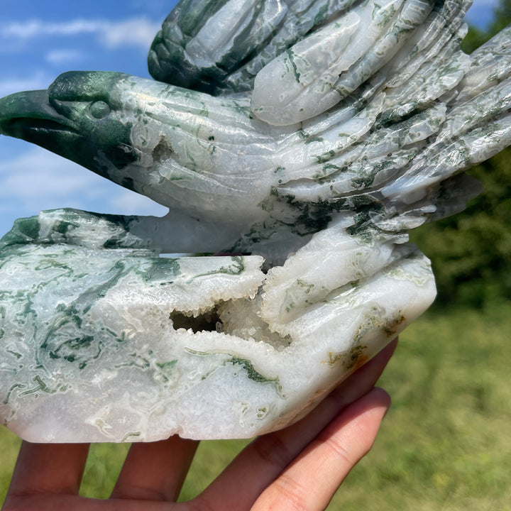 Unique,Natural Crystal Carving Soaring Posture Moss Agate Eagle