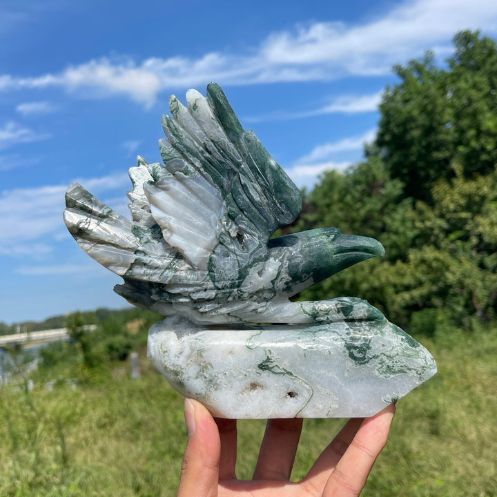 Unique,Natural Crystal Carving Soaring Posture Moss Agate Eagle