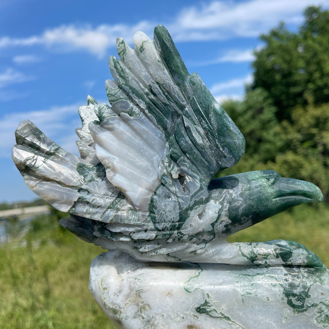 Unique,Natural Crystal Carving Soaring Posture Moss Agate Eagle